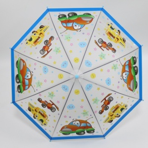 Barnparaply med vitt tecknat tryck med blå livstycken och vit bakgrund