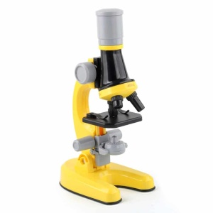 Biologiskt mikroskop 100X 400X 1200X för gula, svarta och grå barn mot en vit bakgrund
