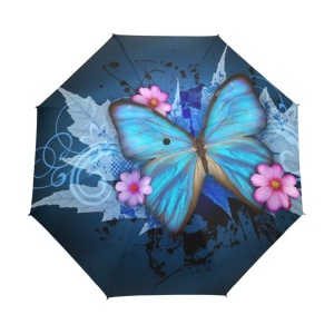Barnens blå fjärilsparaply med rosa blommor och vit bakgrund