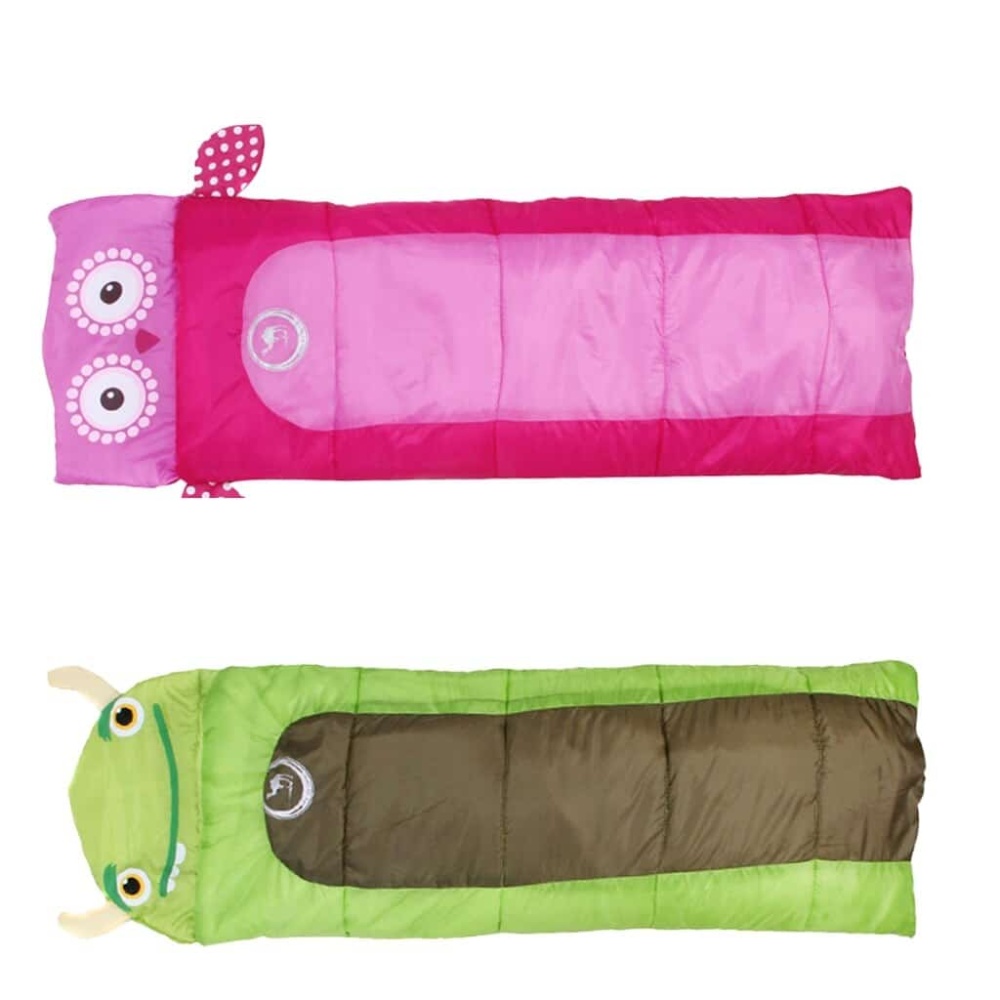Djurformad sovsäck för barn i rosa och grönt med vit bakgrund