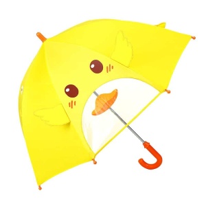 Djurformat paraply med transparent gult fönster med bruna ögon och rött handtag med vit bakgrund