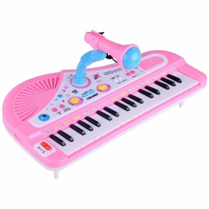 Rosa och blått elektroniskt piano med mikrofon för barn