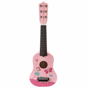 Liten trägitarr med 6 rosa strängar mot en vit bakgrund