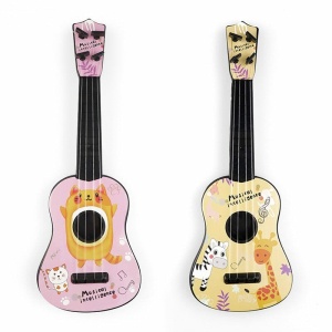 4-strängad minigitarr med beige och rosa tecknad bild på vit bakgrund