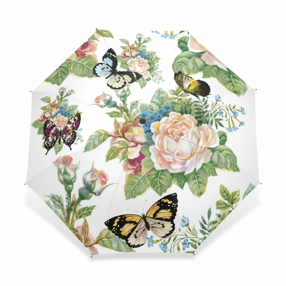 Tredubbelt fjärilsparaply för barn med färgade blommor och fjärilar mot en vit bakgrund