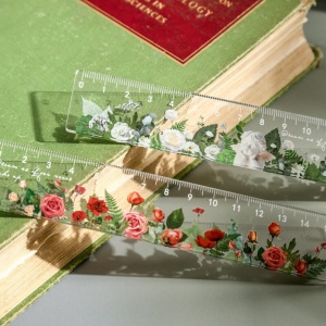 15 cm linjal med transparent blommönster för barn med bok i grönt
