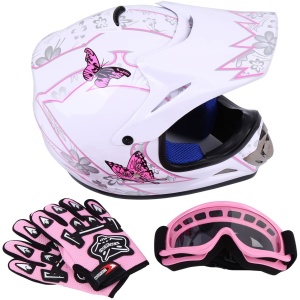Integrerad barnhjälm med skyddsglasögon och handskar i rosa på vitt