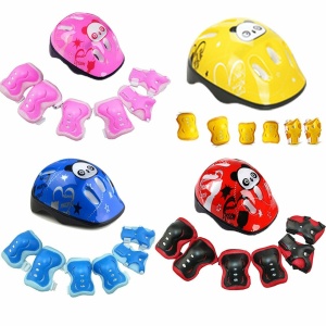 Hjälm med skyddsutrustning för barn i rosa, gult, blått och rött