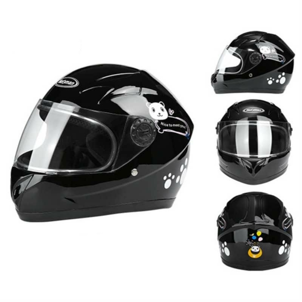 Heltäckande motorcykelhjälm med visir. Den ger ett optimalt skydd för barnets huvud. Hjälmen har små motiv, t.ex. en hundtass eller en smiley.