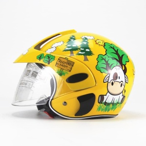 Motorcykelhjälm med visir med en gul och grön tecknad design mot en vit bakgrund