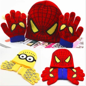 Tecknad mössa och handskar för barn, röd och blå Spiderman och gul och svart Minion