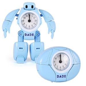 Blå robotväckarklocka med vit bakgrund