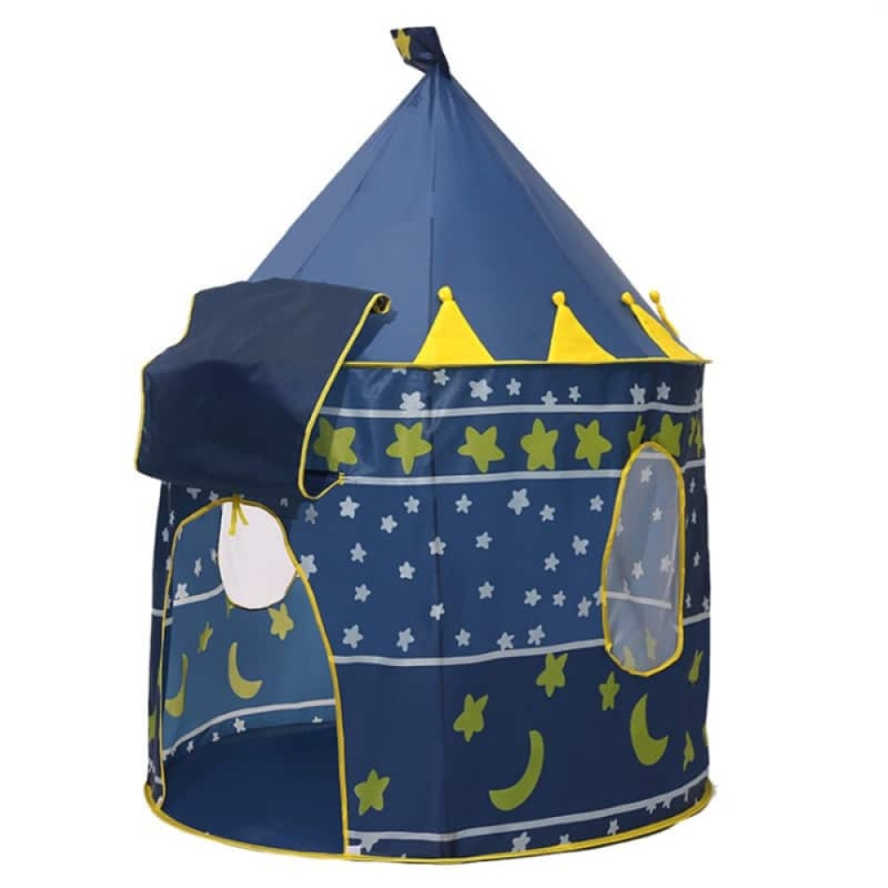 Barnens nattmåne-tepee i blått med gula motiv, med öppning framtill