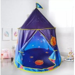 Blå, orange och lila magisk galax tepee för ett barns sovrum med bilder