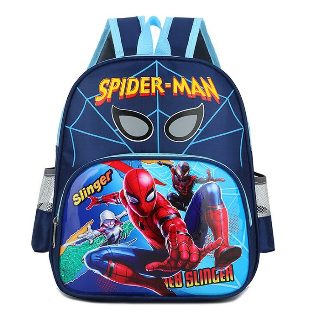 Spiderman web slinger-ryggsäck i blått med spindelmannen-logotyp i gult och rött
