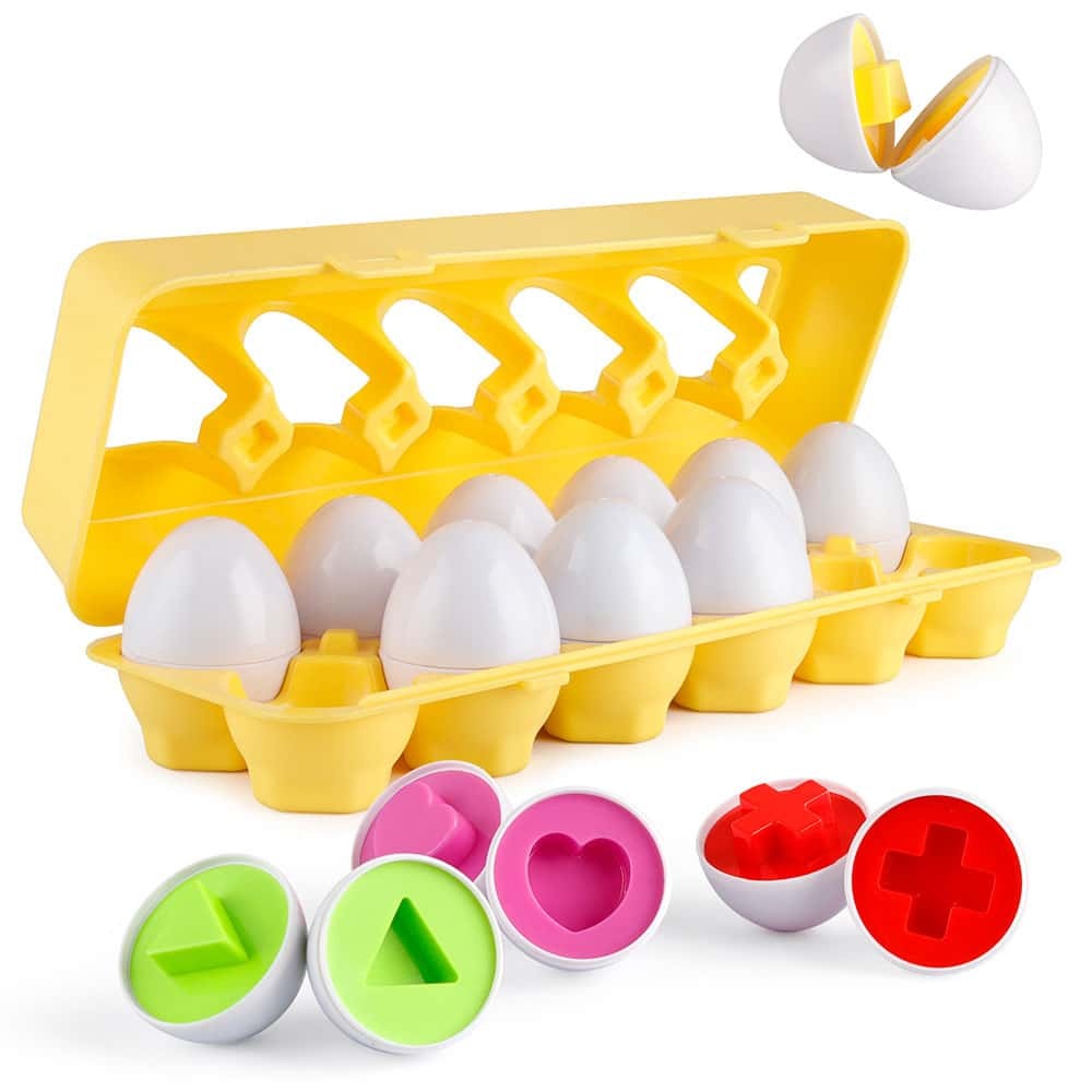 Äggformade pedagogiska leksaker för barn med gul korg och färgade former