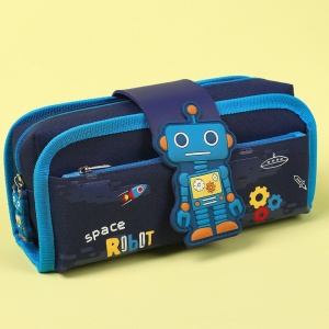 2 i 1-pennfodral för barn med robotdesign i blått med motiv på gul bakgrund