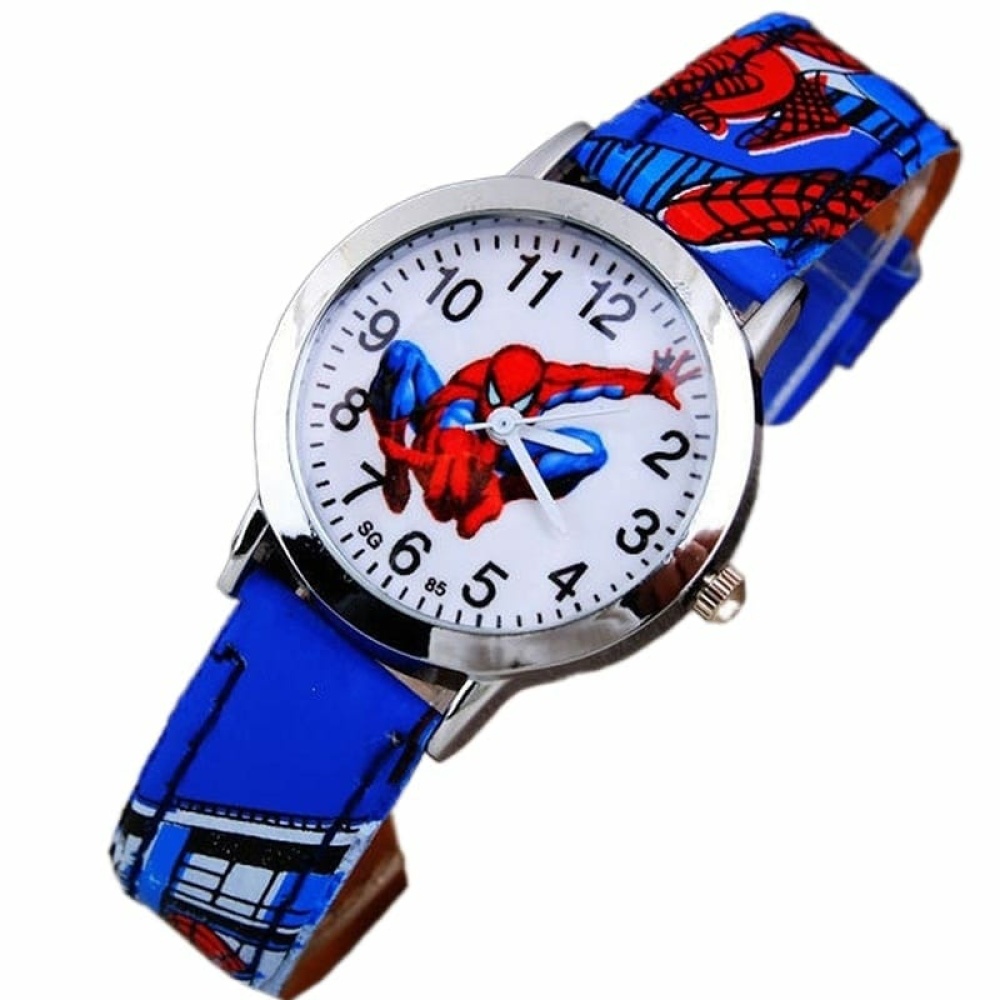 Barnklocka med Spiderman-design i blått, rött och silver på vit bakgrund