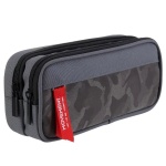 Pennfodral med dubbla fack i grått och svart med röd etikett