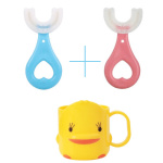 U-formad magisk barntandborste med gul kopp och blå och rosa borstar