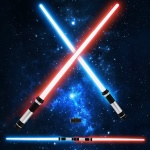 Röd och blå Star Wars ljussabel med rymdbakgrund