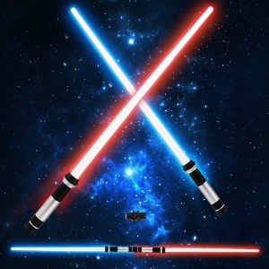 Röd och blå Star Wars ljussabel med rymdbakgrund