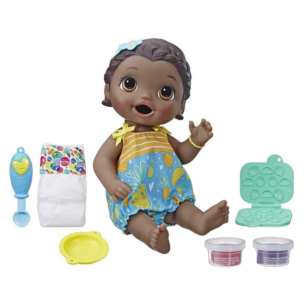 Baby Alive-docka Lili a faim svart hår Baby Alive Lili a faim svart docka med blöja och babytillbehör