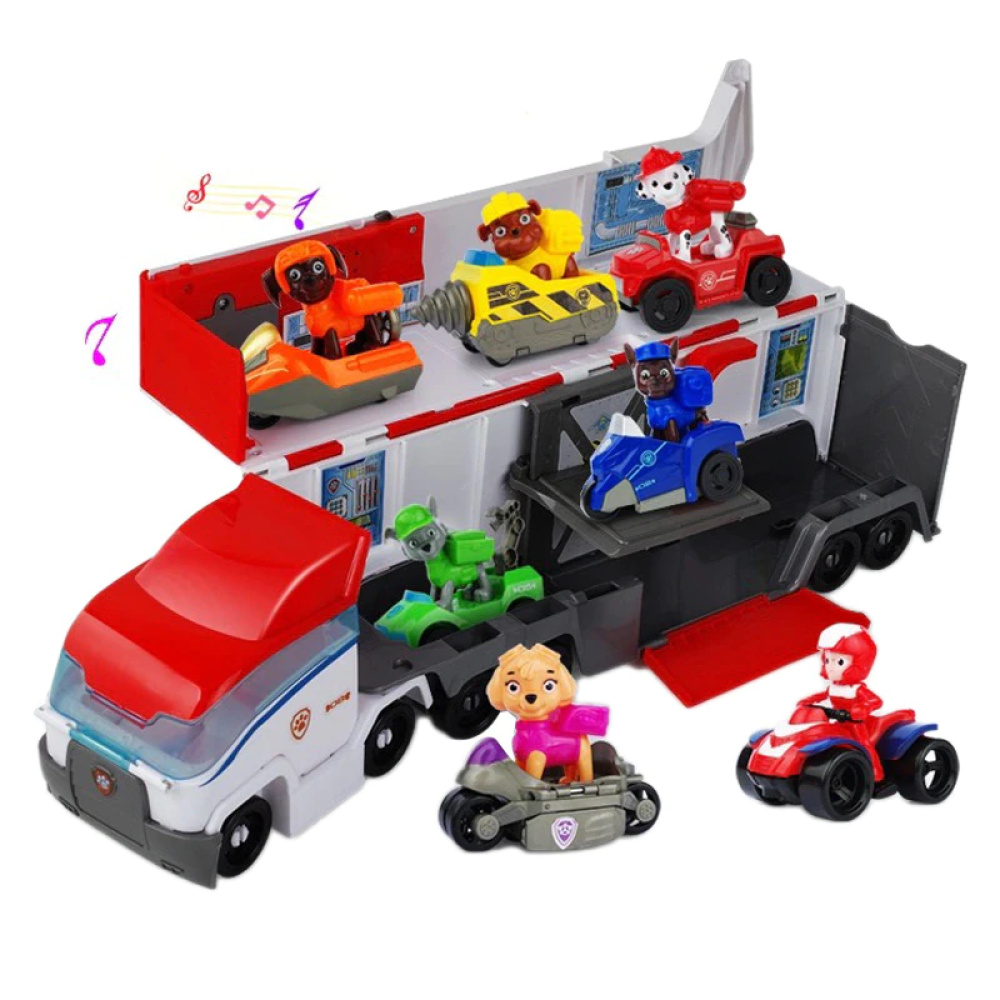 Set med patrullbil och lastbil Patrullbilsset med röd och vit lastbil på vit bakgrund