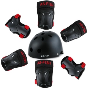 Svarta och röda knä- och armbågsskydd för cyklar och skateboards