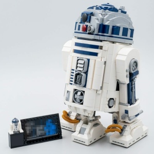 R2D2-robot att bygga med vita och blå Lego-klossar