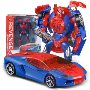 Spiderman transformatorbil i blått och rött med spindelmotiv