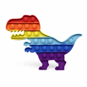 Antistressleksaker i regnbågsfärg med dinosauriemotiv mot en vit bakgrund