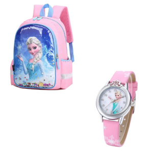 Elsa-ryggsäck + klockväska i rosa och blått med snödrottningmotiv