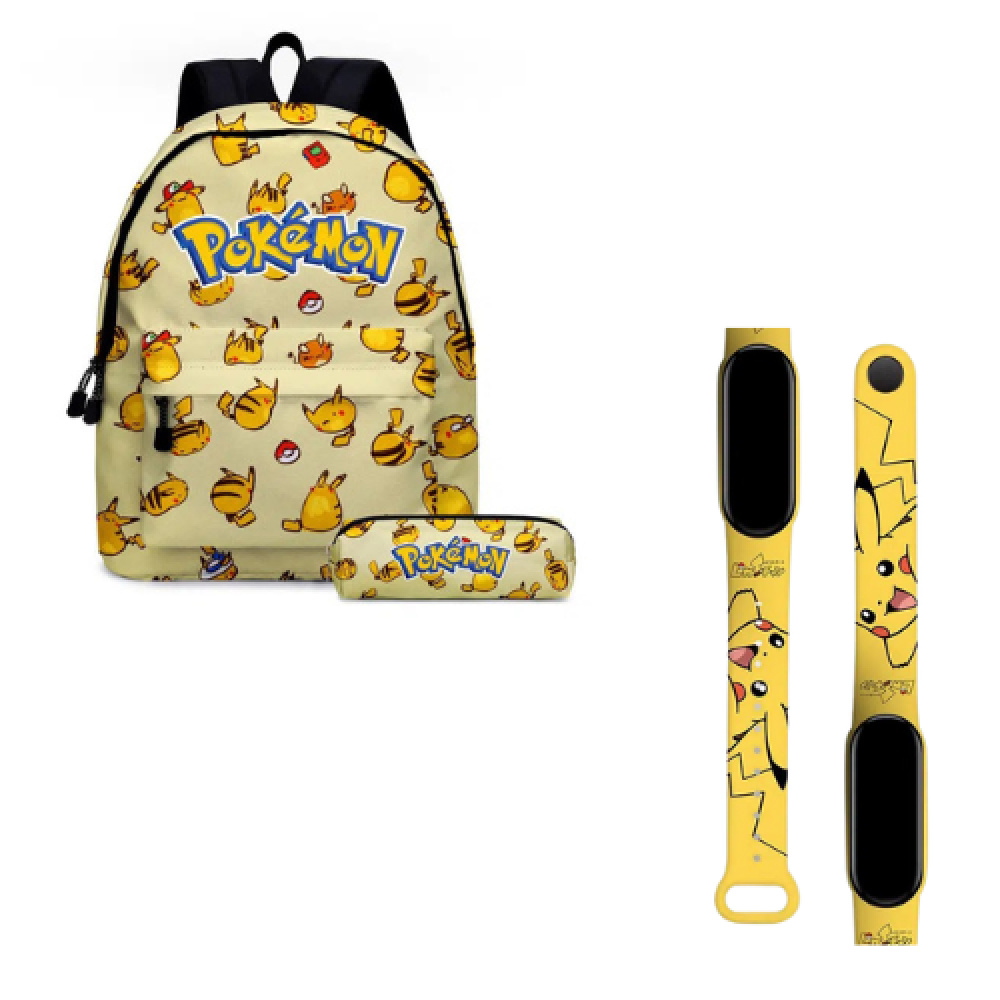 Ryggsäck + gult pokémon-ur med gult pikachu-motiv