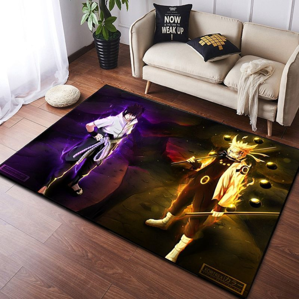 2 Svart rektangulär golvmatta med 2 narutofigurer