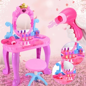 Rosa och turkost musikaliskt sminkbord för små flickor med tillbehör och hästtork