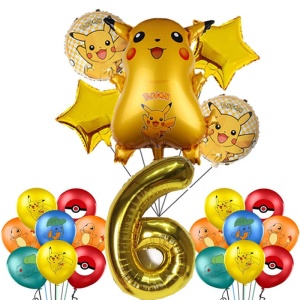 Pokémon födelsedagsdekorationer för barn i guld med nummer och ballonger med pokémonmotiv