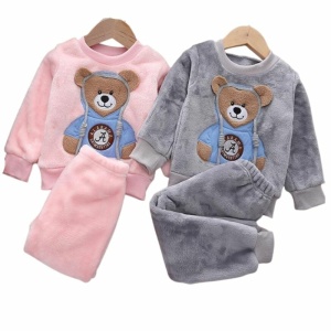 Söt pyjamas med nallebjörn i fleece för barn i rosa och grått