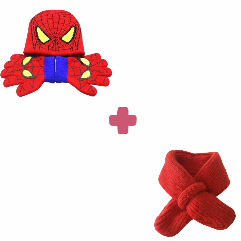 spindelmannen vinterpaket för barn: mössa, handske och röd halsduk