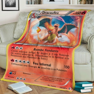 Orange Pokémon Firecracker-kortfilt för barn på en soffa med böcker