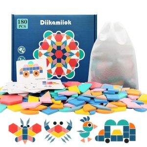 Träpussel Montessorispel för barn 180st med färgad låda med flera djurformer och vit bakgrund