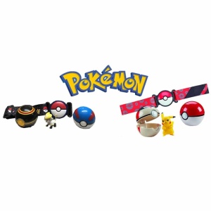 Pokémon-bälte med PokéBall-set och figurer med Pokémon-logotyp och vit bakgrund