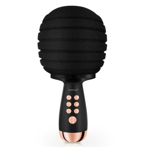 En svart karaokemikrofon för barn, med rosa knappar integrerade i handtaget och ett batterifack undertill.