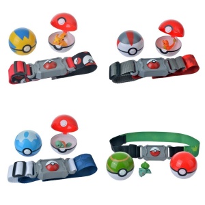 Pokémon-bälte med en Pokeboll och flera figurer med vit bakgrund