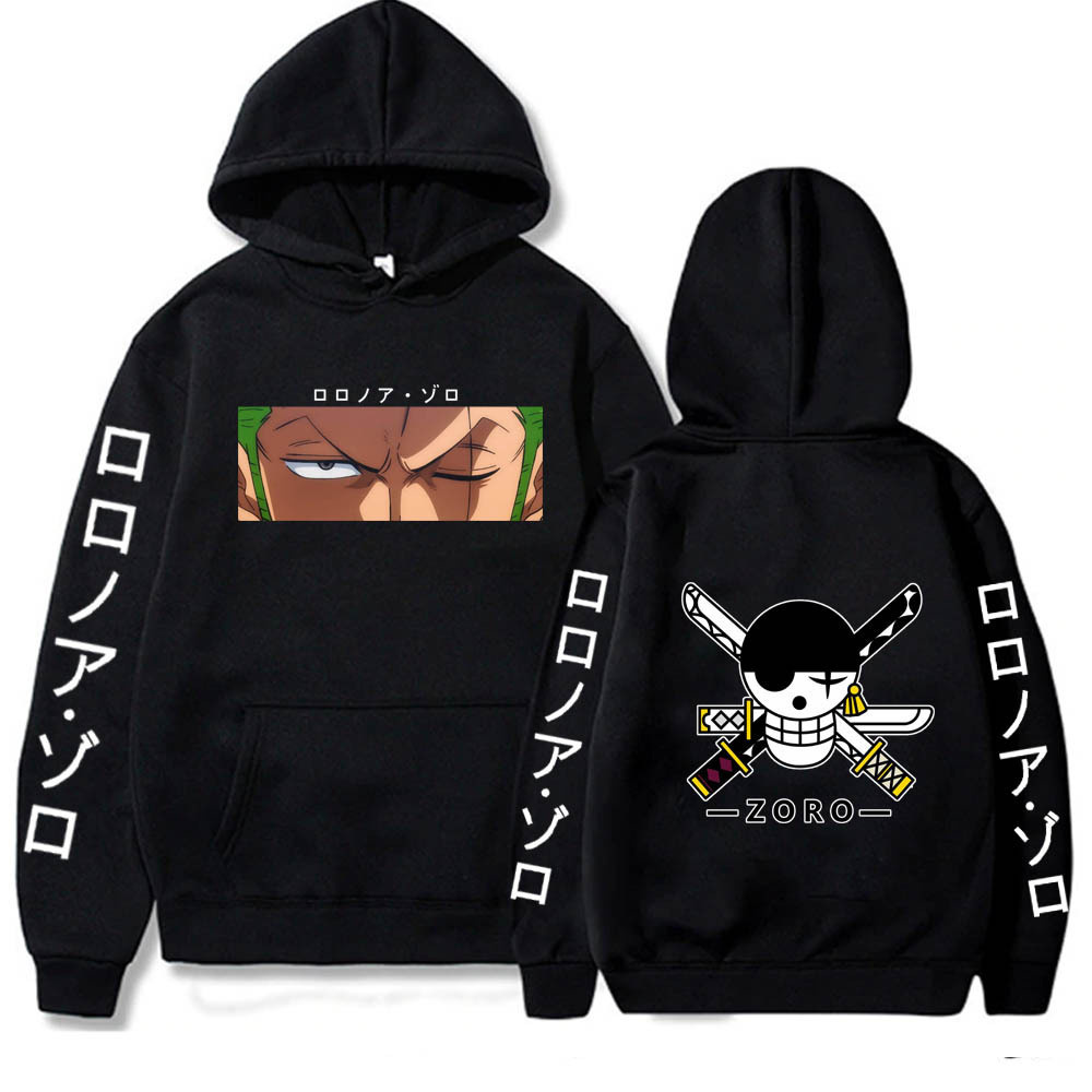 77796-uzyf4s.jpg Roronoa Zoro - huvtröja med tryck i tecknad serie, svart med vit bakgrund, för barn