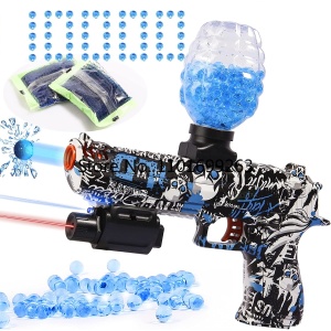 Elektrisk mjuk orbeez-pistol för barn med blå gelkulor mot en vit bakgrund