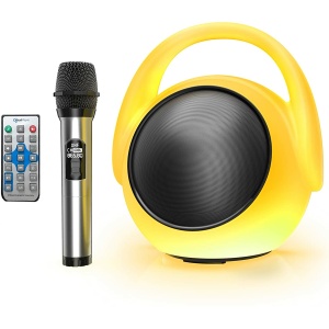 En karaokemikrofon för barn med gul och svart högtalare och grå trådlös fjärrkontroll.