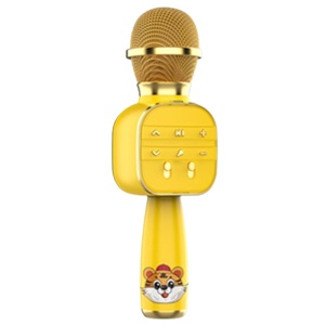 En karaokemikrofon för barn. Den är ljusgul med en liten tecknad tiger på handtaget. Längst upp på halsen finns knappar för justering. Mikrofonens överdel är guldfärgad.