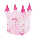 En rosa tipi för barn i form av ett prinsesslott. Den har fyra torn och en gardindörr på framsidan.