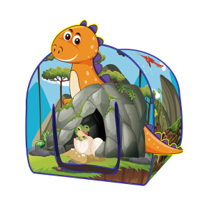 En färgglad barntipi med dinosauriemönster på framsidan och en naturscen på sidan. På framsidan har den en gardindörr som föreställer dinosaurieägg.